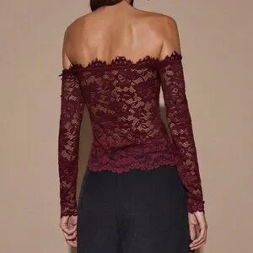 ZARA Burgundy Lace Sexy Sheer Hollow Out Off-Shoulder Long Sleeve Women's Top